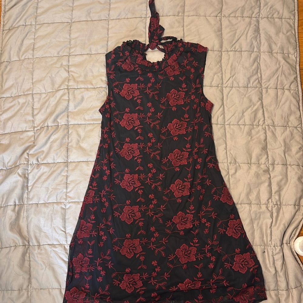 superfoxx sleeveless black midi dress with red flowers embroidered and tie back